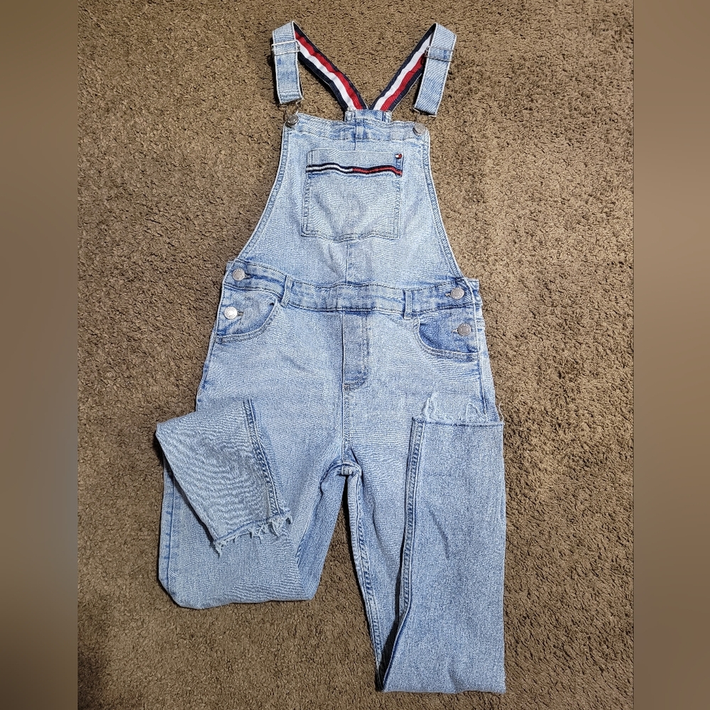 TOMMY HILFIGER GIRL'S LOGO STRAP CARPENTER UTILITY Y2K DENIM OVERALLS SIZE 12